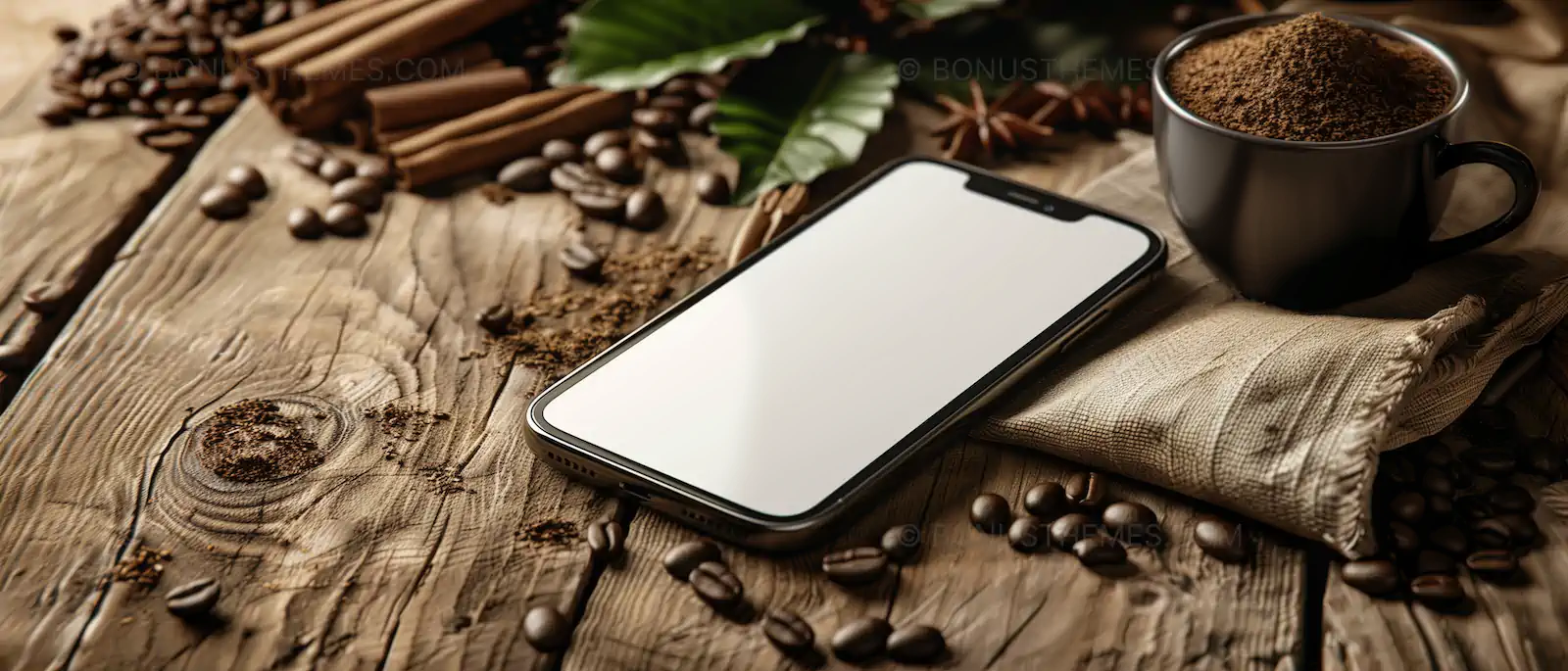 Smartphone mockup, coffeehouse ambiance integration