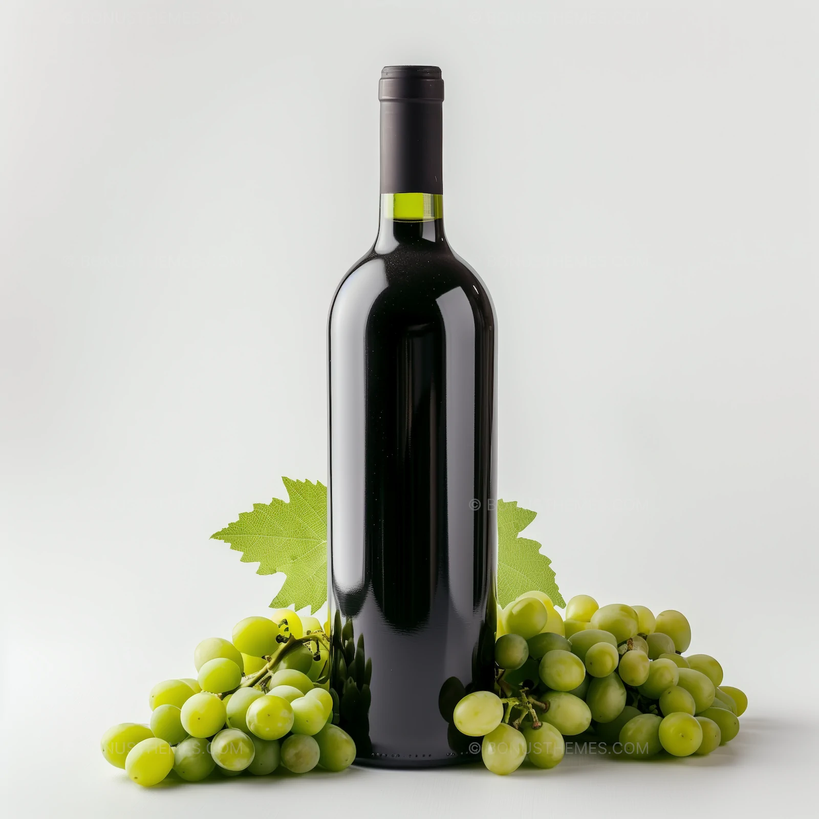 White wine dark bottle with grapes