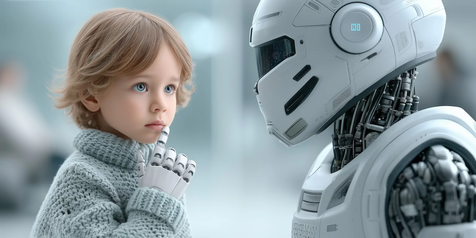 Inquisitive Child with Robotic Hand and AI Robot | AI Tech Concept