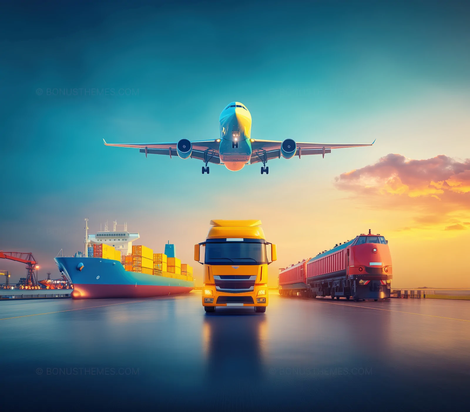 Integrated Global Transport Network with Airplane, Truck, Train & Ship | AI Image