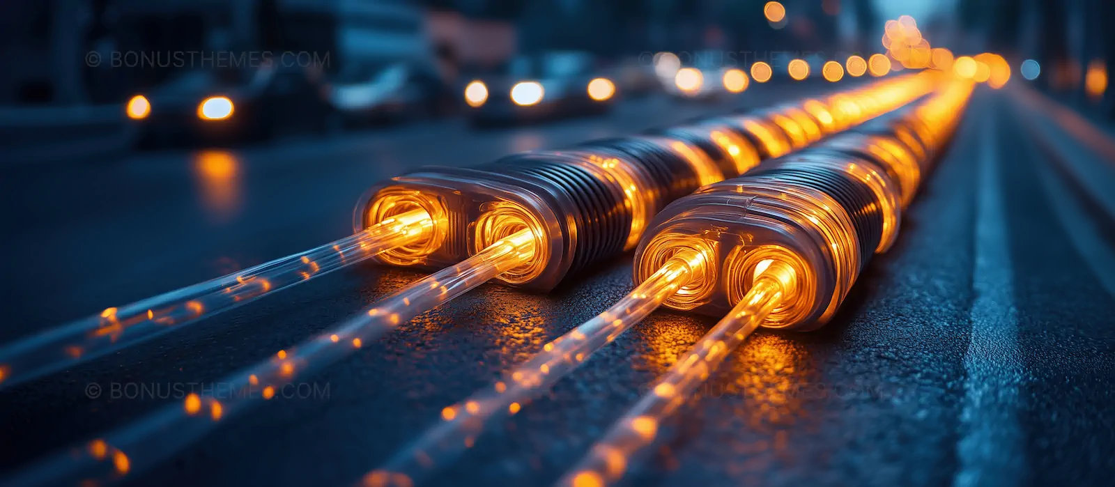 Glowing Fiber Optic Cables on a Wet City Road | Cinematic AI Generated Smart City Infrastructure Image