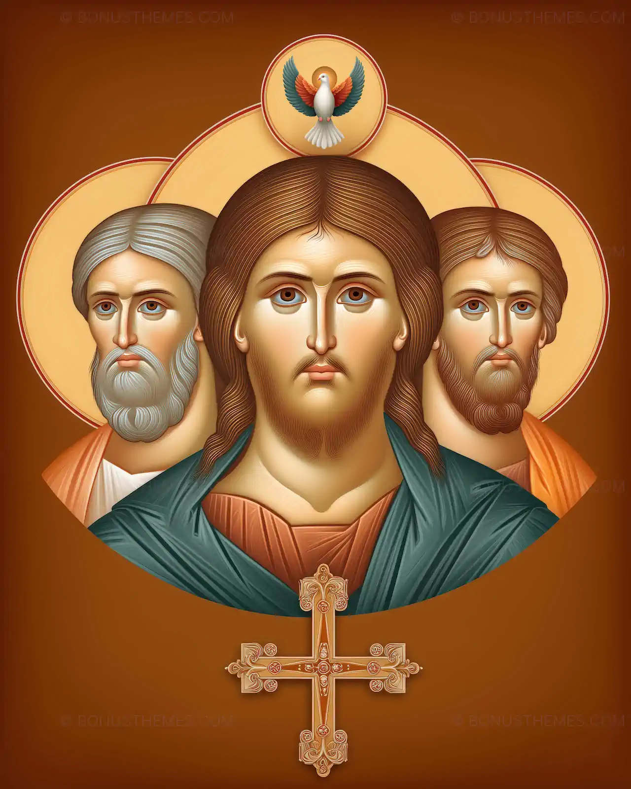 Jesus Christ and Two Apostles with Halos and Holy Spirit Dove - AI Generated Sacred Icon