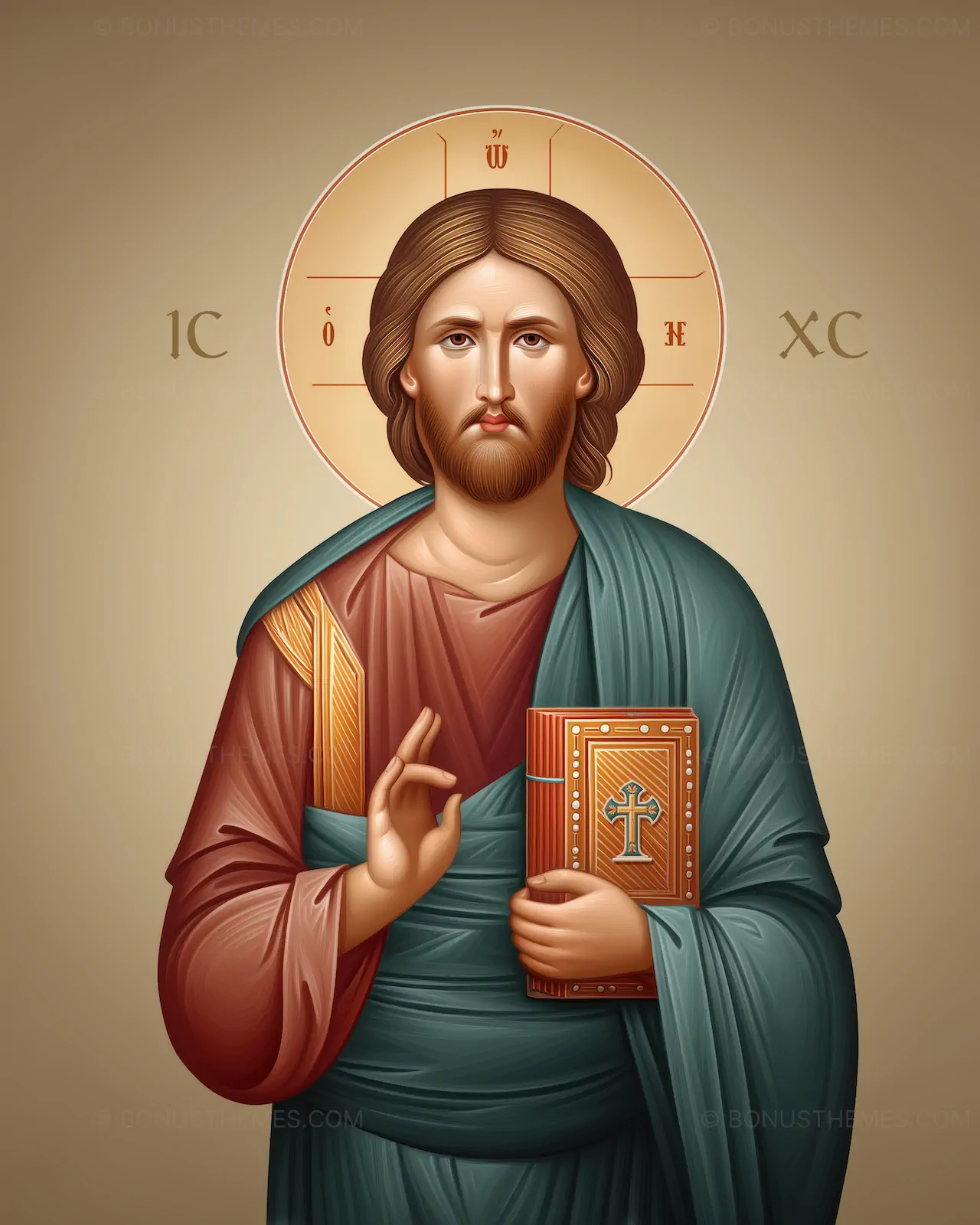Jesus Holding Bible - Orthodox Icon-Style AI Generated Religious Illustration