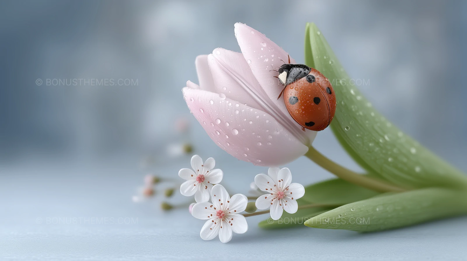 Ladybug on Pink Flower with Blue Background - Peaceful Nature | AI Image