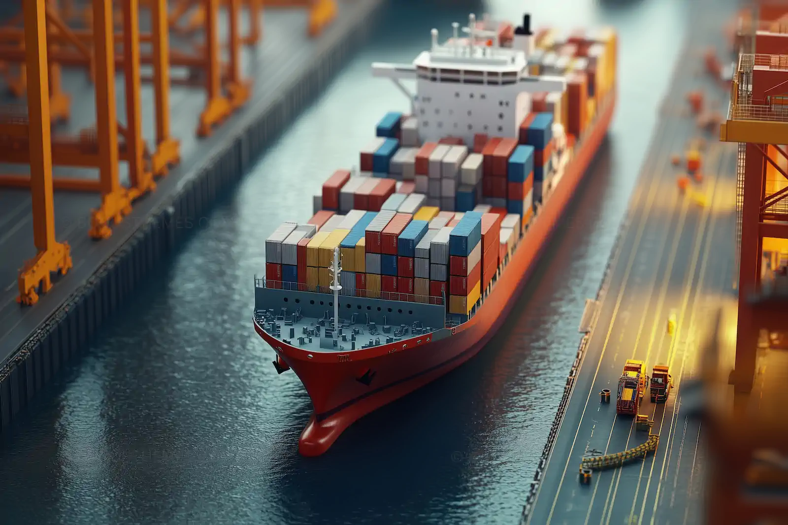 Large Cargo Container Ship in Industrial Port Canal | AI Logistics Image