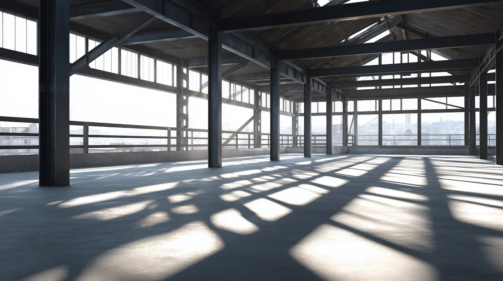 Large Empty Building with Sunlight Through Windows | Minimalist AI Image