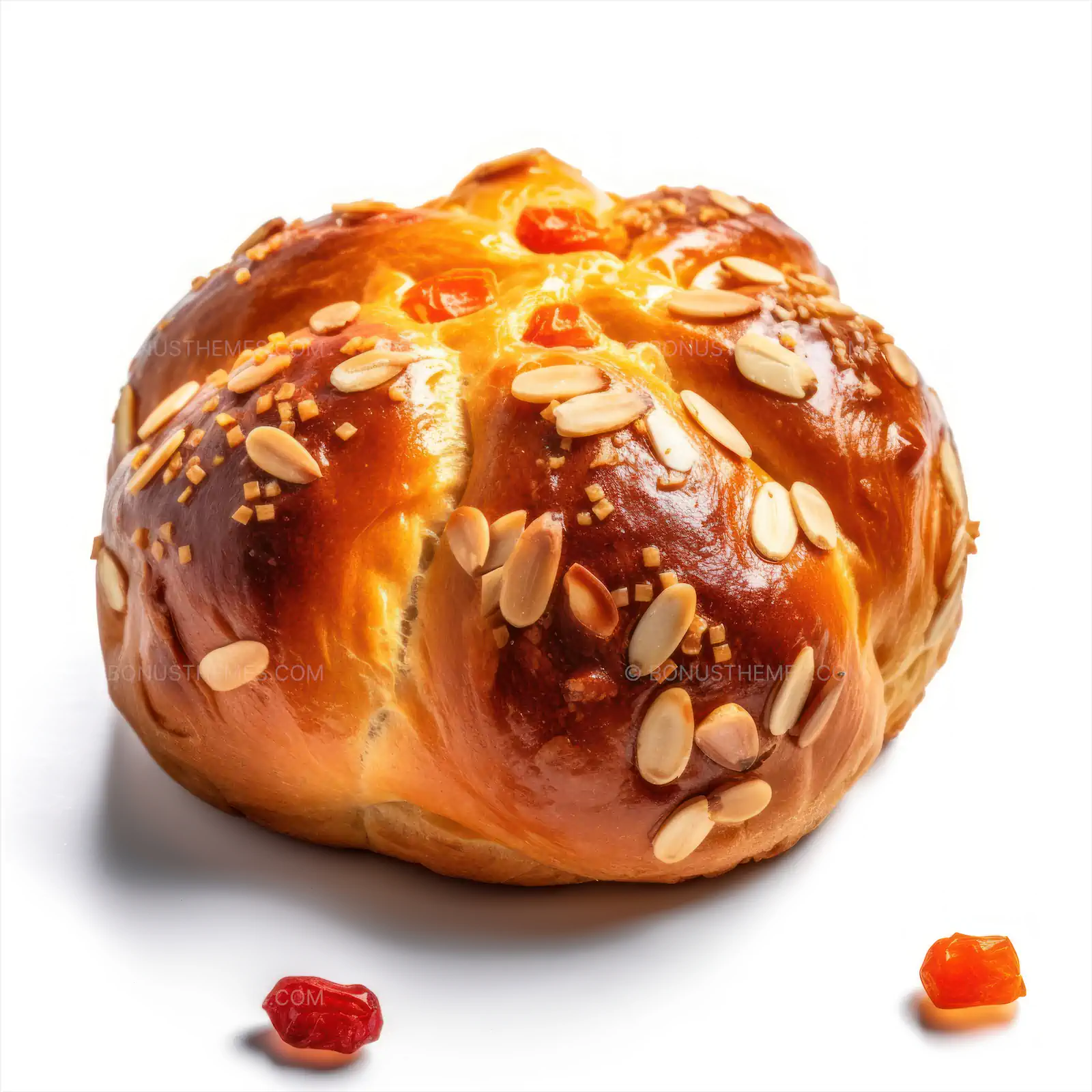 Large Golden-Brown Pastry with Almonds and Raisins | Artisanal AI Generated Bakery Illustration