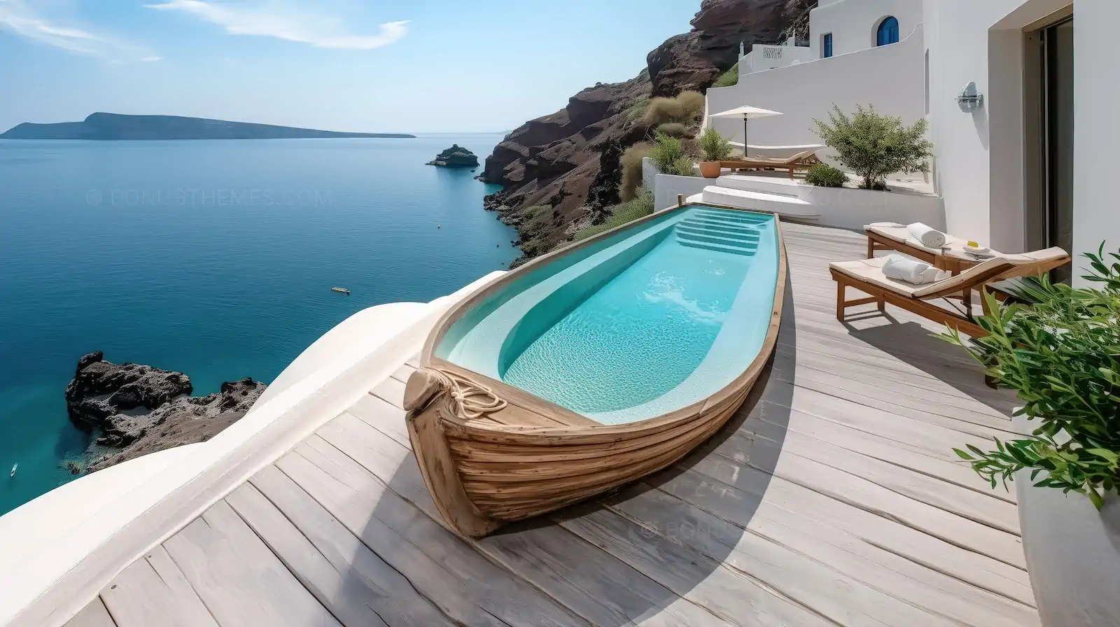 Unique Boat-Shaped Luxury Pool Overlooking Santorini Caldera | AI Travel Photography