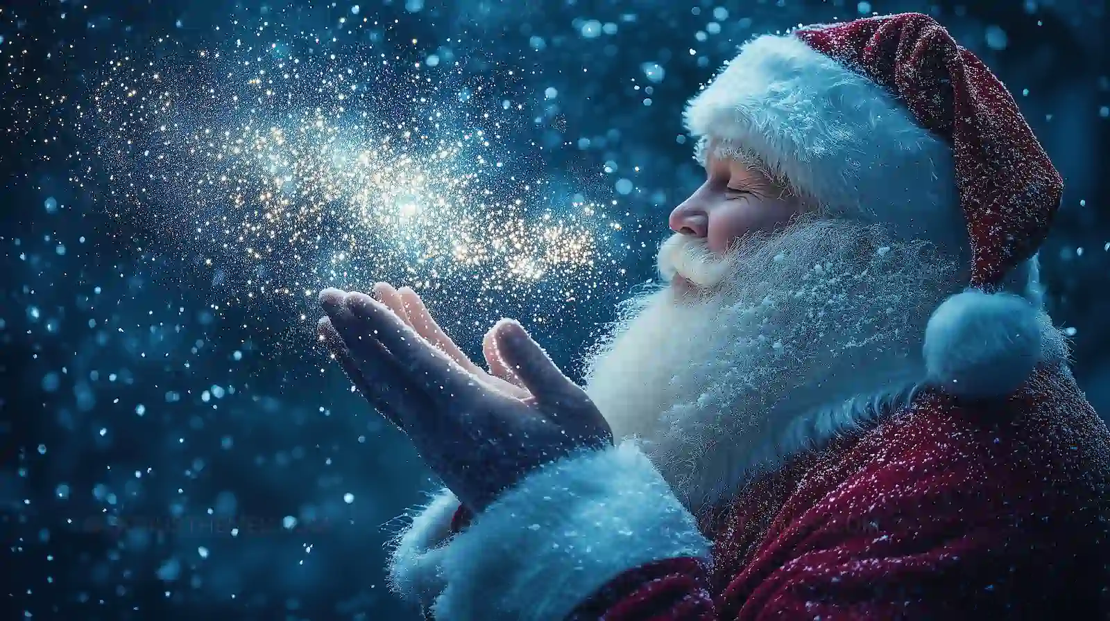 Magical Santa Claus Blowing Golden Christmas Dust | Festive AI Image