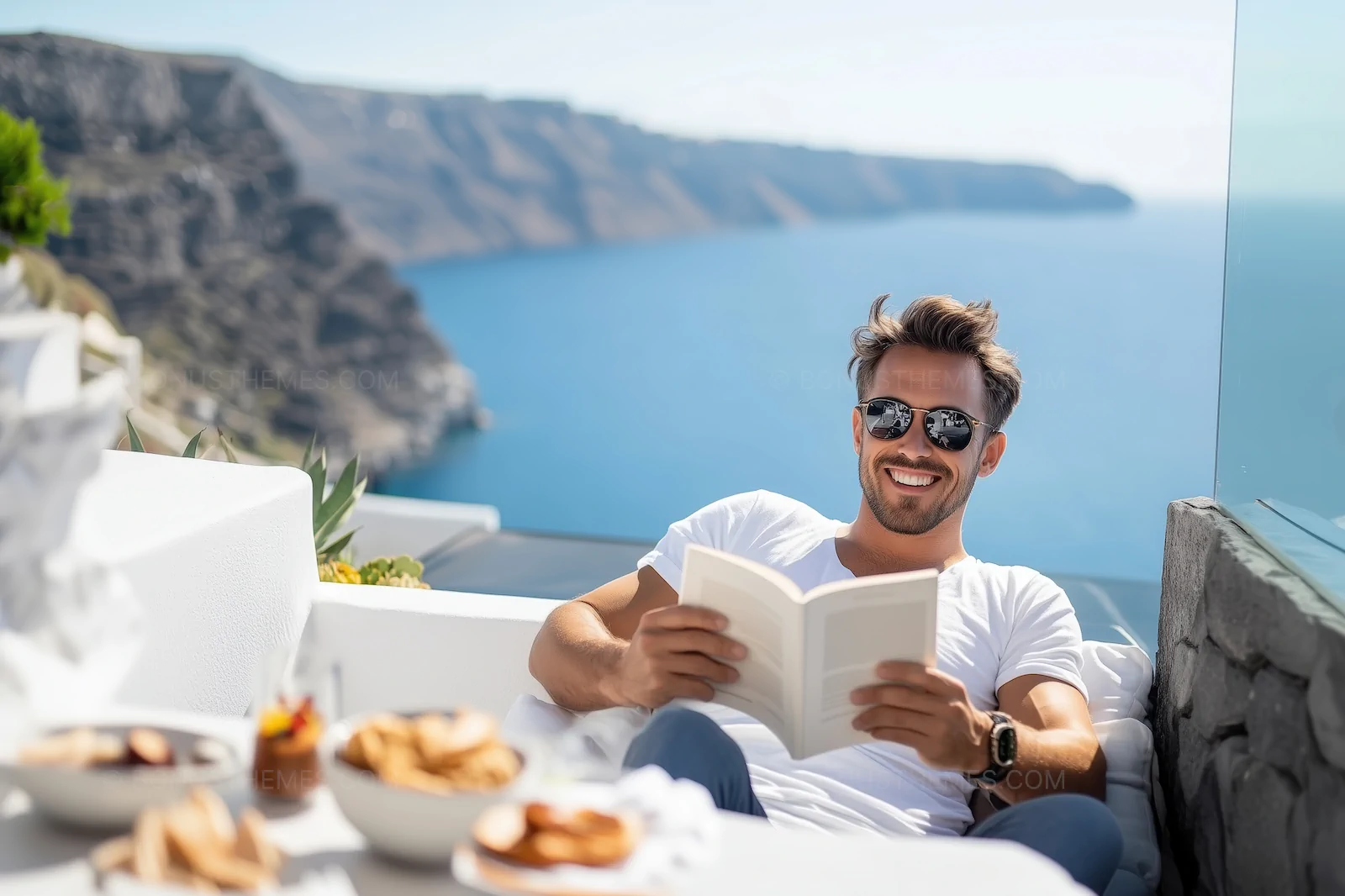 Man Reading on Beach with Meal - Relaxing AI Generated Luxury Lifestyle Image