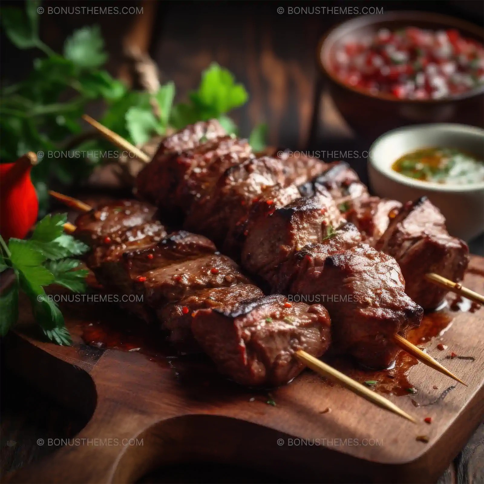 Plate of Meat Skewers with Dipping Sauce - AI Generated Culinary Photography