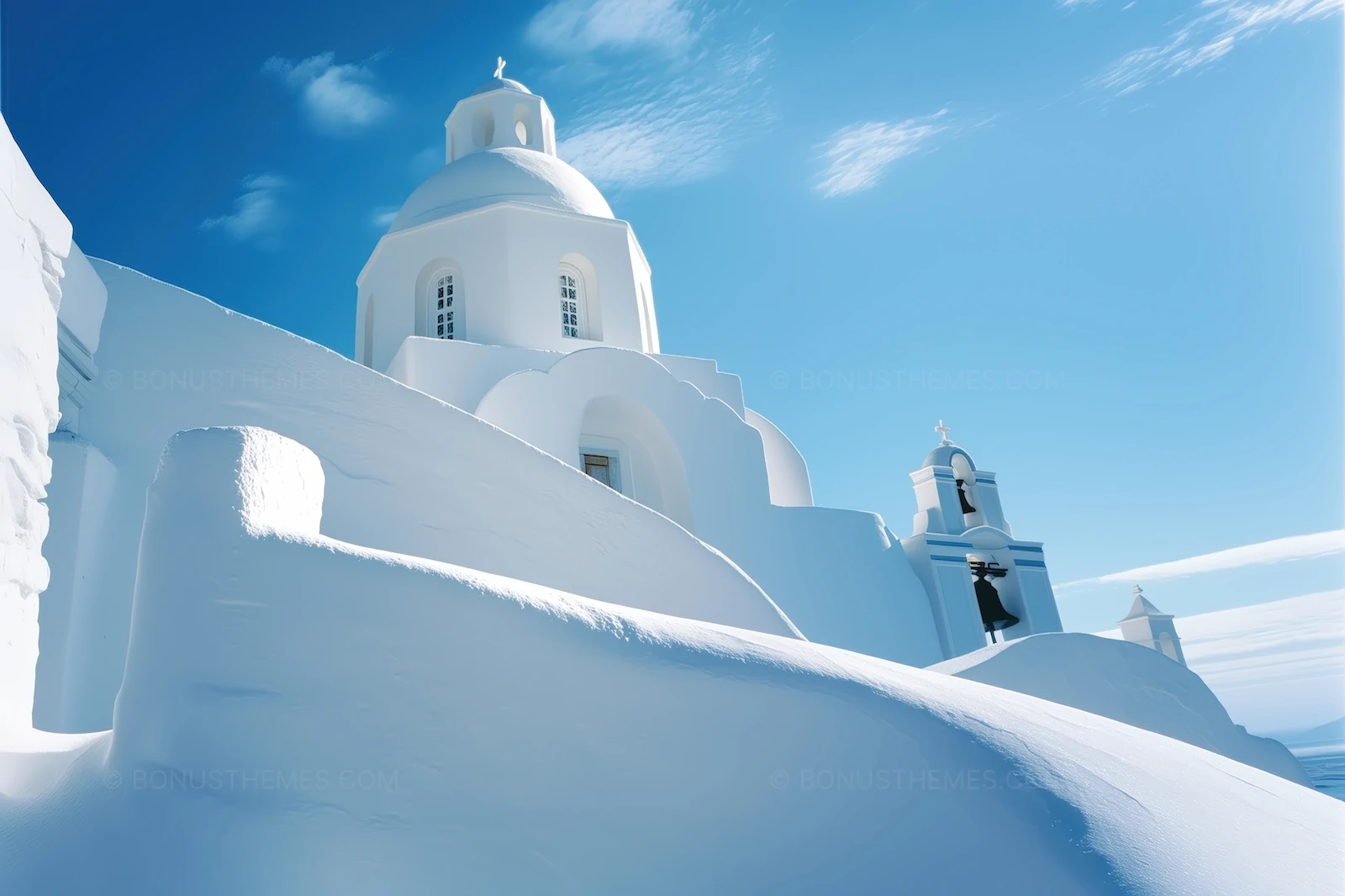 Minimalist White Cycladic Church and Bell Tower in Santorini | AI Travel Photography