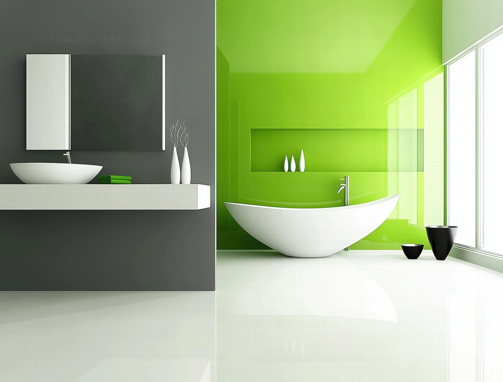 Modern Minimalist Bathroom Mockup with Vibrant Green Accent Wall | AI Image
