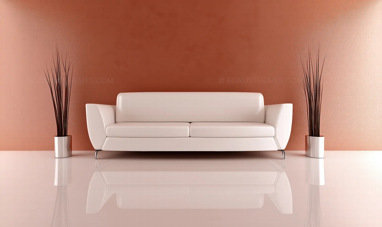 Modern Minimalist Living Room | White Couch & Potted Plants AI Image