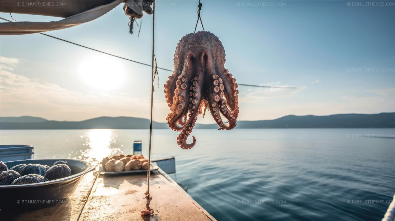 Octopus Hanging from Rope on Boat Over Calm Water | Striking AI Generated Marine Image