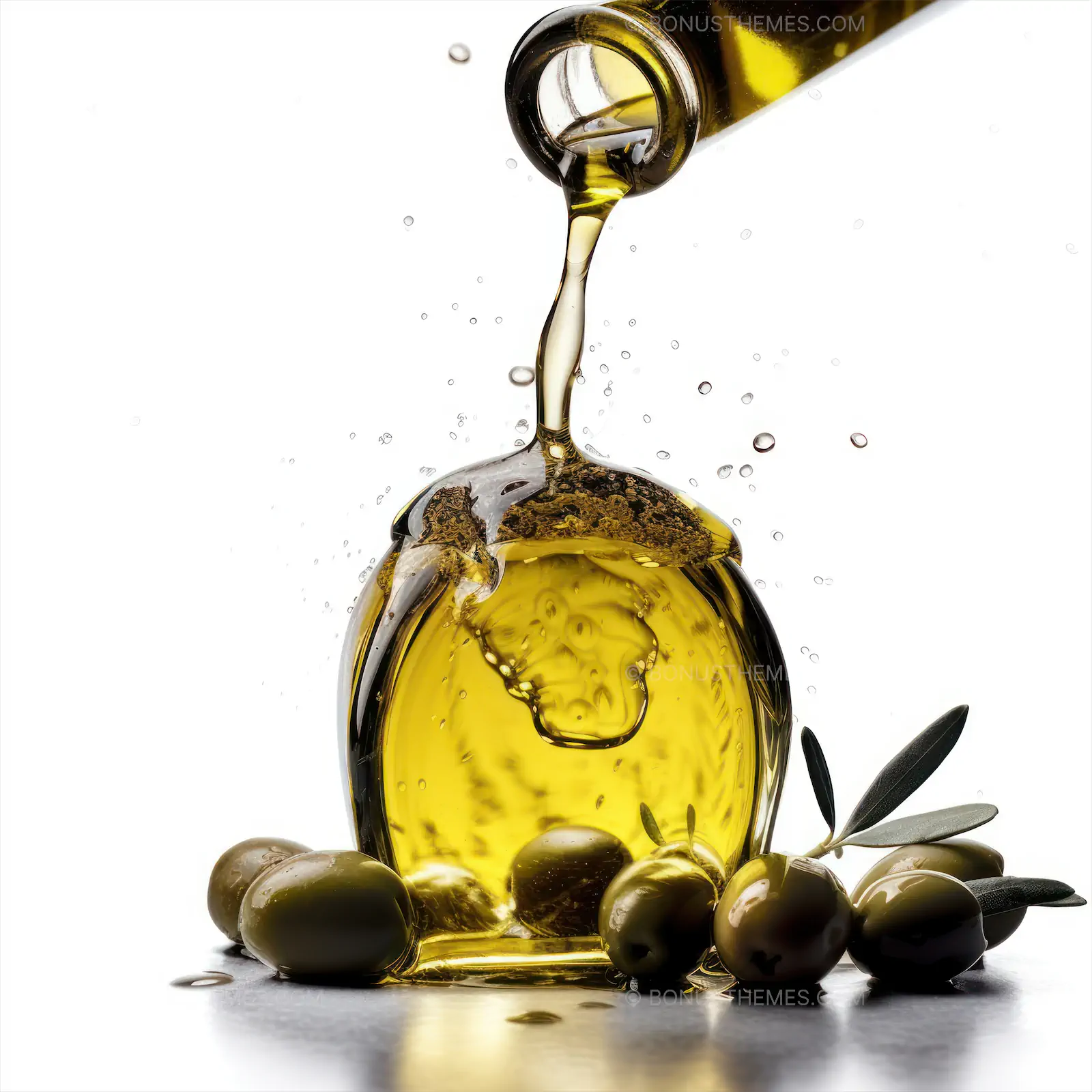 Bottle of Olive Oil Pouring into Glass with Fresh Olives | Mediterranean Culinary AI Generated Image