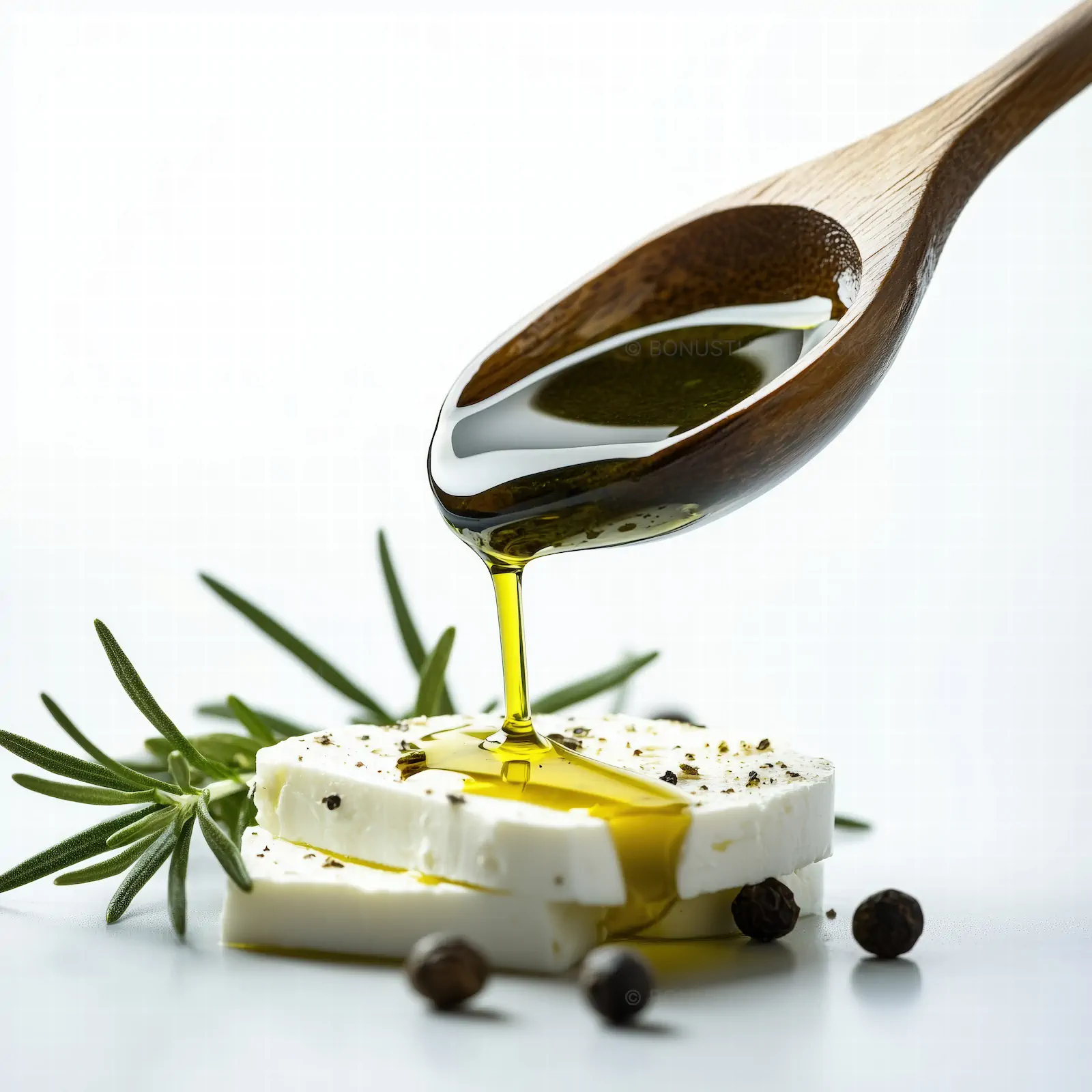 Olive Oil Pouring from Wooden Spoon onto Feta Cheese | AI Food Image