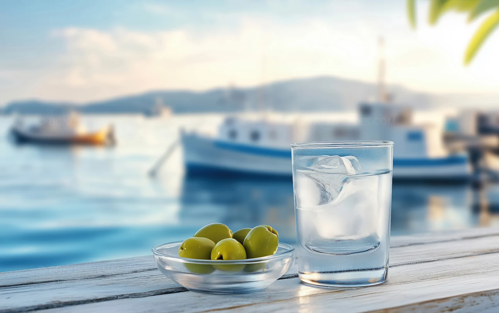 Glass of Iced Ouzo with Green Olives on a Greek Harbor | AI Image