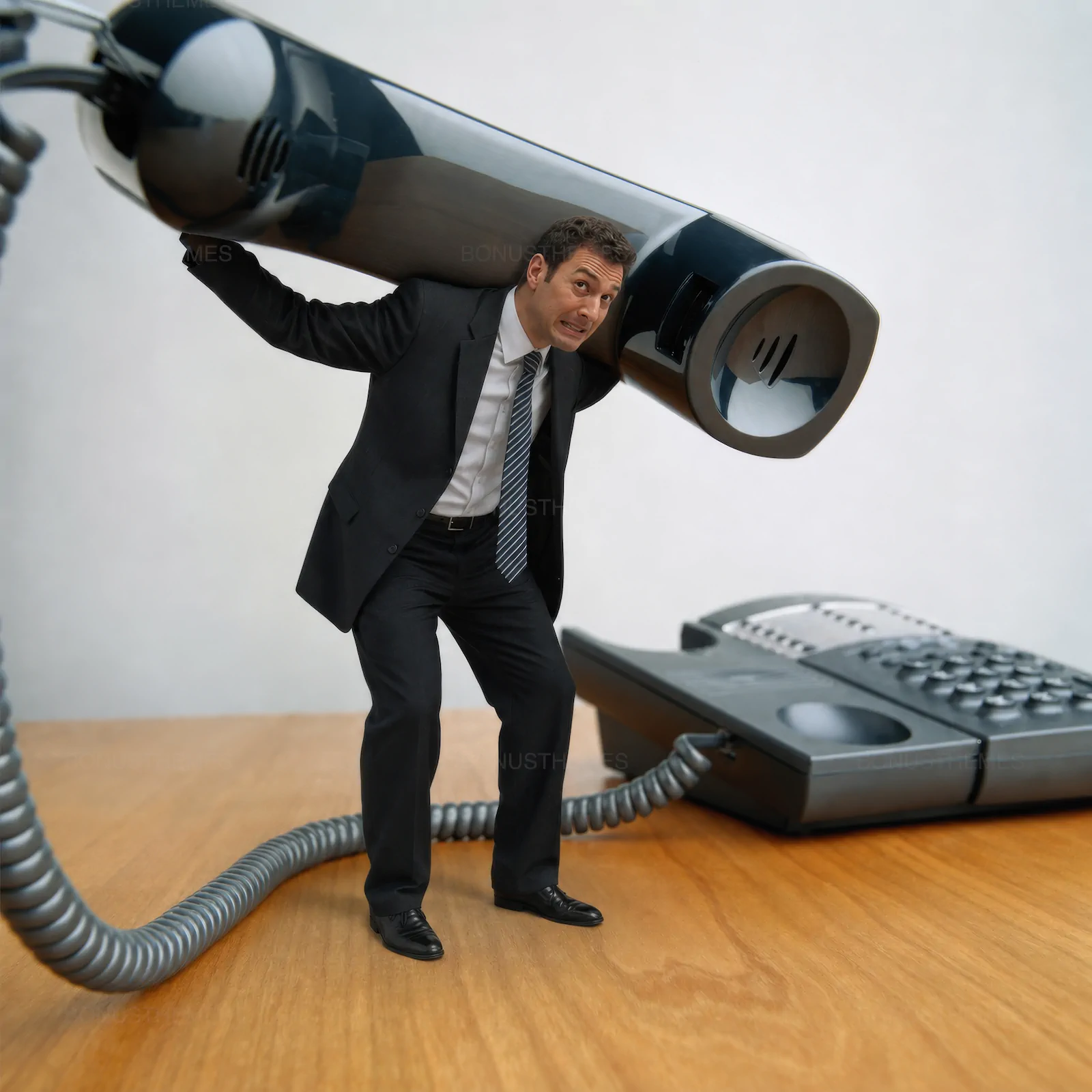 Overwhelmed Businessman Carrying Heavy Telephone Handset | Conceptual Office Photo