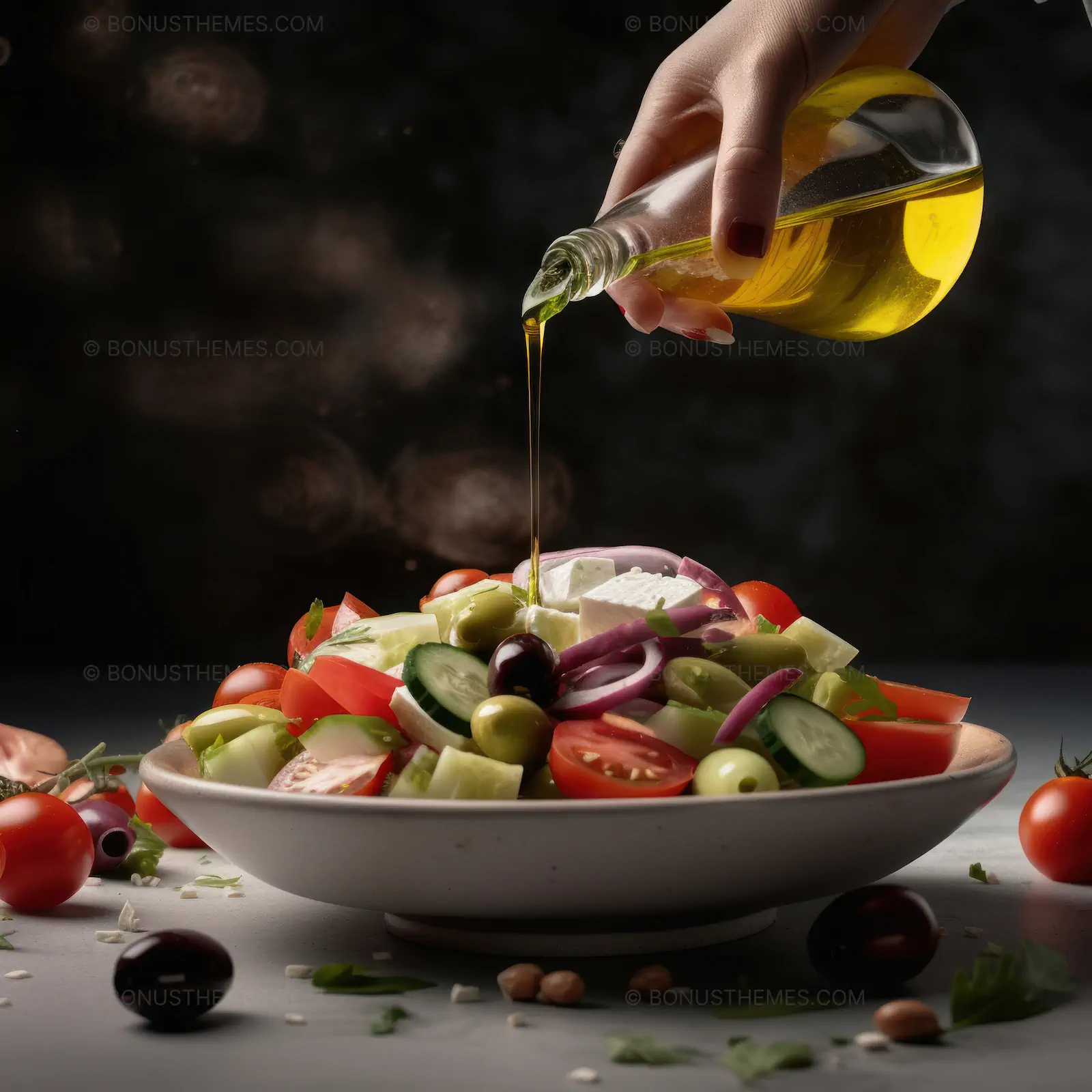 Person Pouring Oil into Fresh Vegetable Salad Bowl | Mediterranean Diet AI Generated Cooking Image