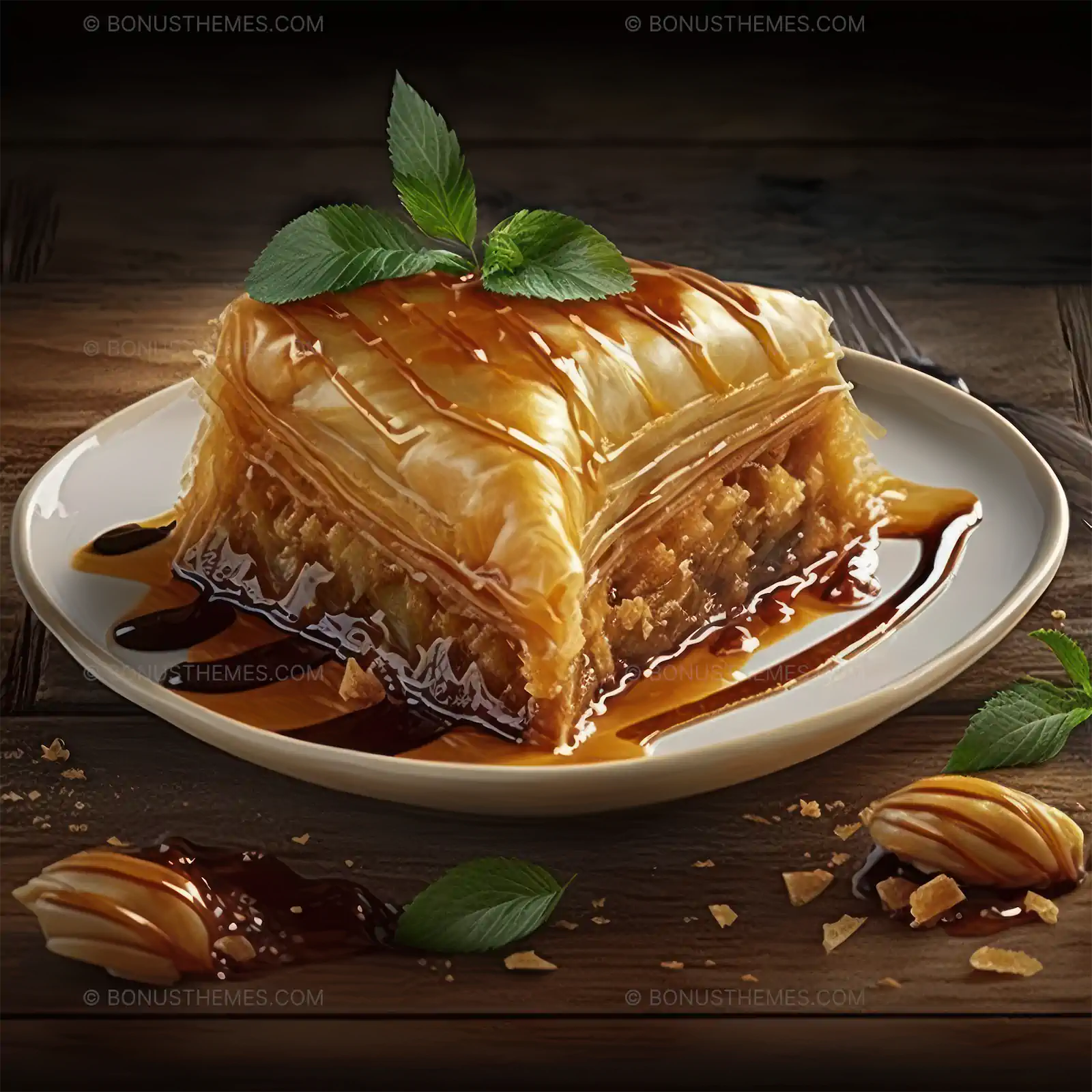 Piece of Baklava on a Plate with Honey Syrup | Authentic AI Generated Traditional Mediterranean Dessert Image