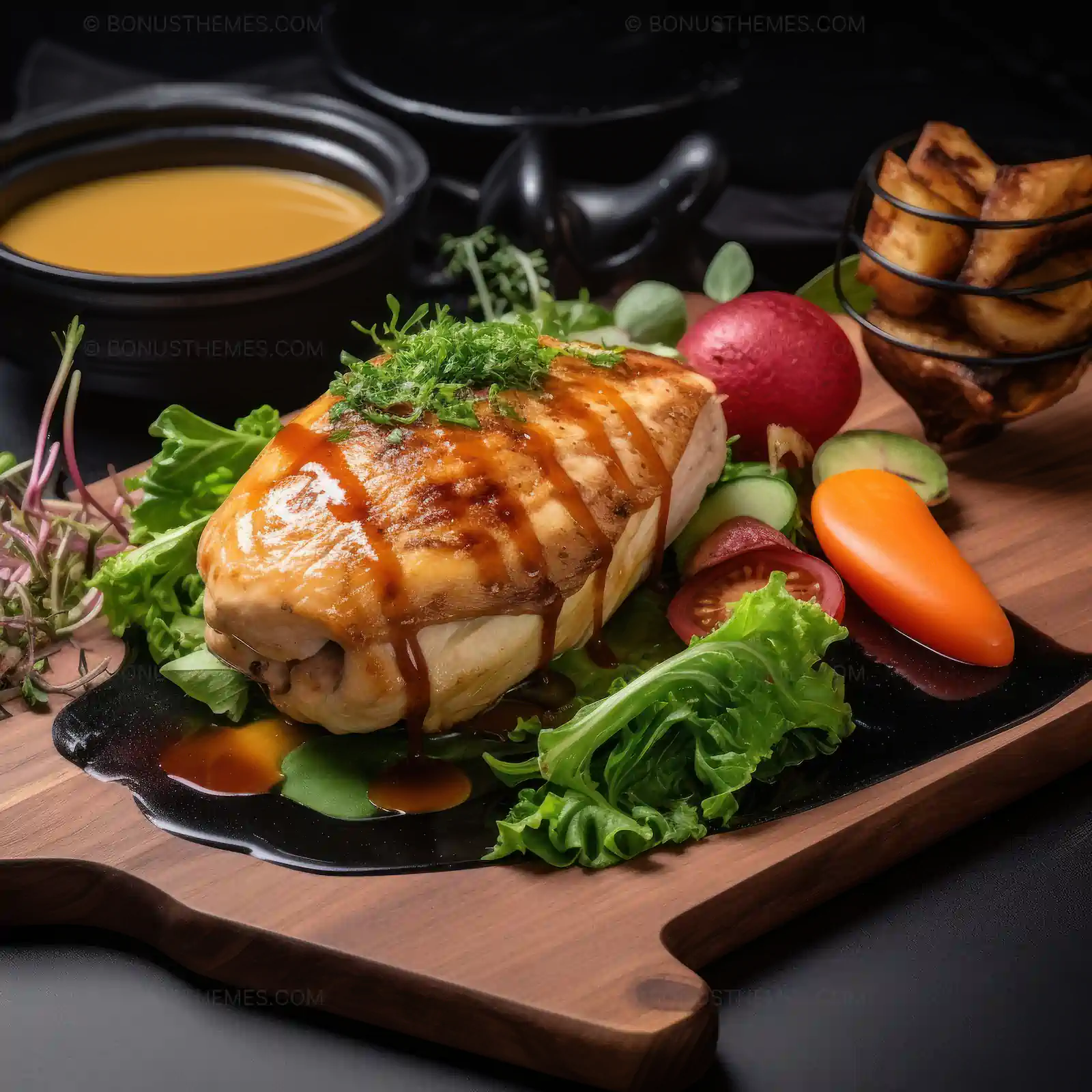 Rustic Meat and Vegetables on Wooden Board | Savory Culinary AI Generated Image