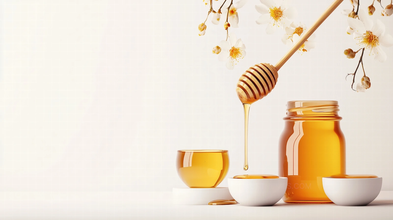 Pure Honey Jar with Dipper and Almond Blossoms | AI Culinary Photography