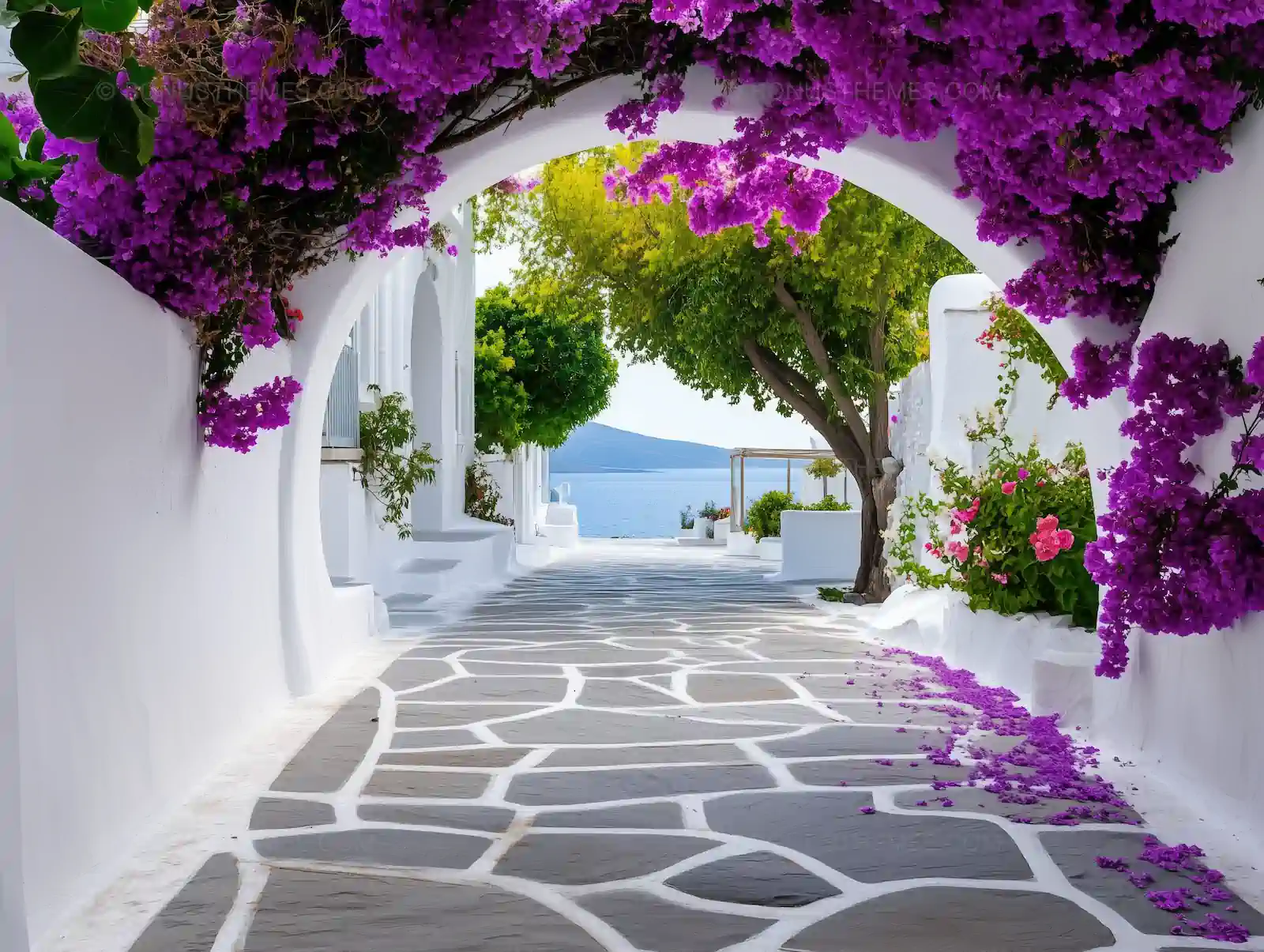 Purple Floral Archway & Stone Path - Serene Garden AI Generated Landscape