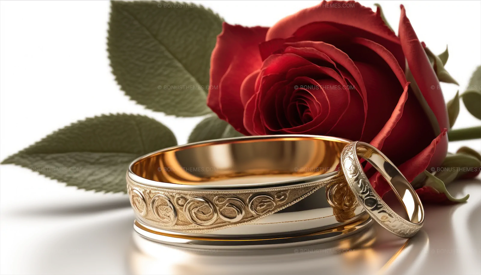 Elegant Red Rose with Gold Wedding Bands | Romantic AI Generated Wedding and Marriage Concept