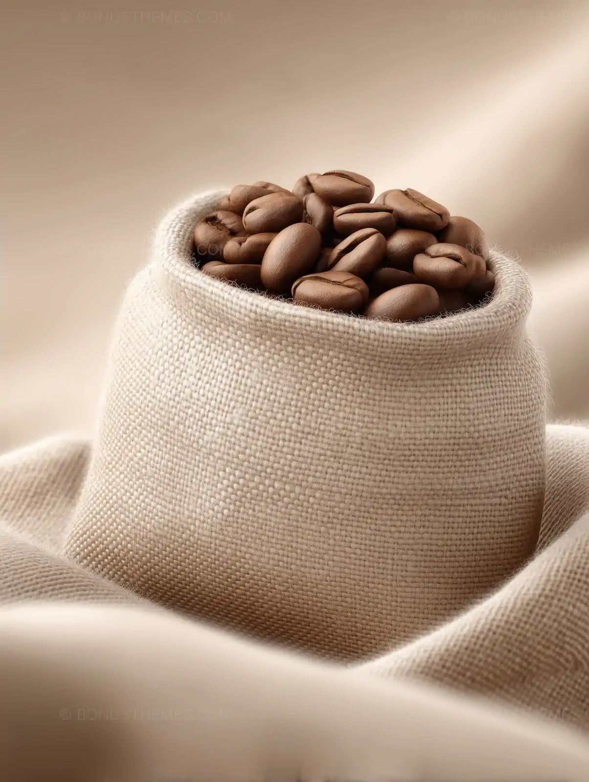 Roasted Coffee Beans in Small Burlap Sack on Soft Fabric | Rustic AI Generated Gourmet Beverage Illustration