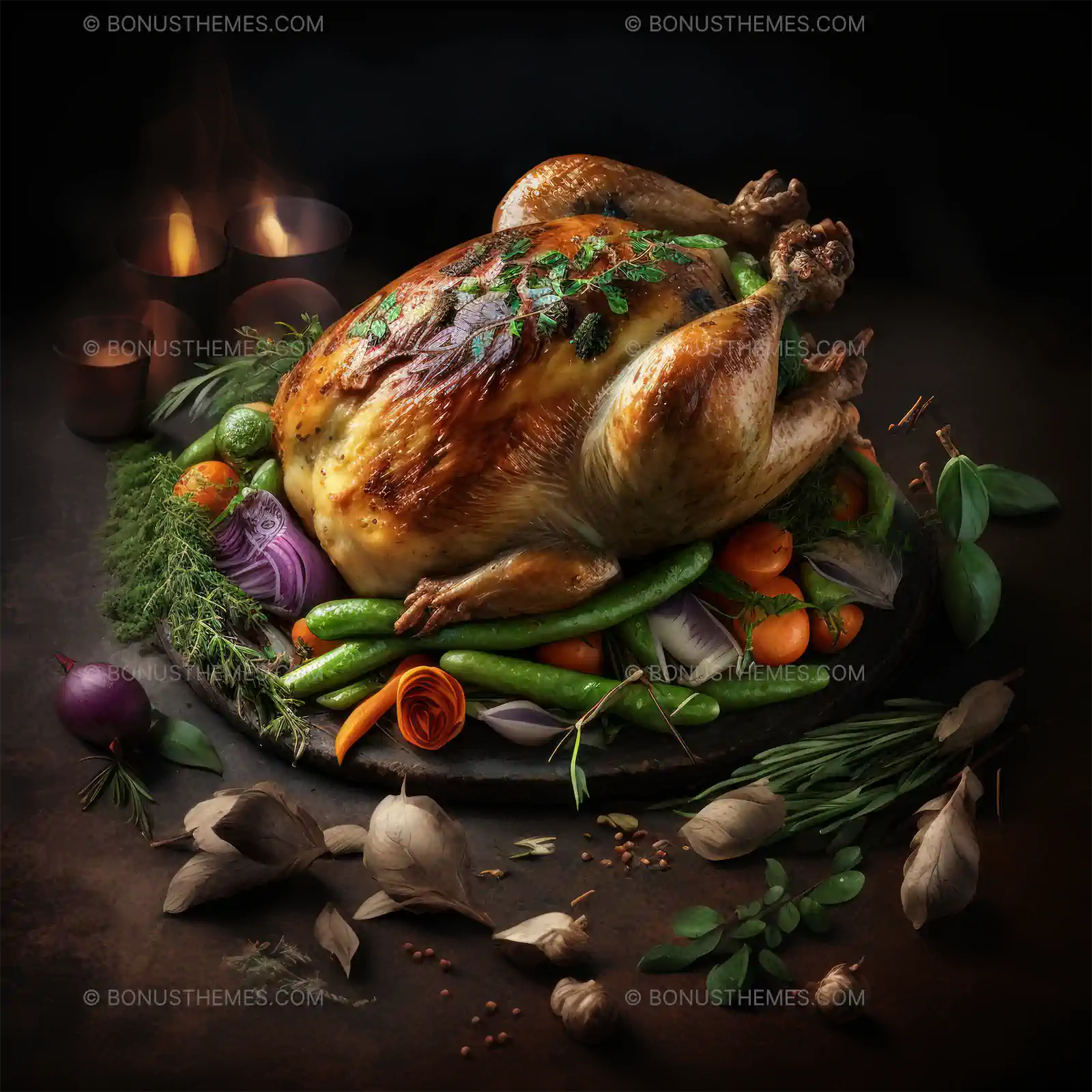 Roasted Turkey with Fresh Vegetables on Rustic Board | Holiday AI Image