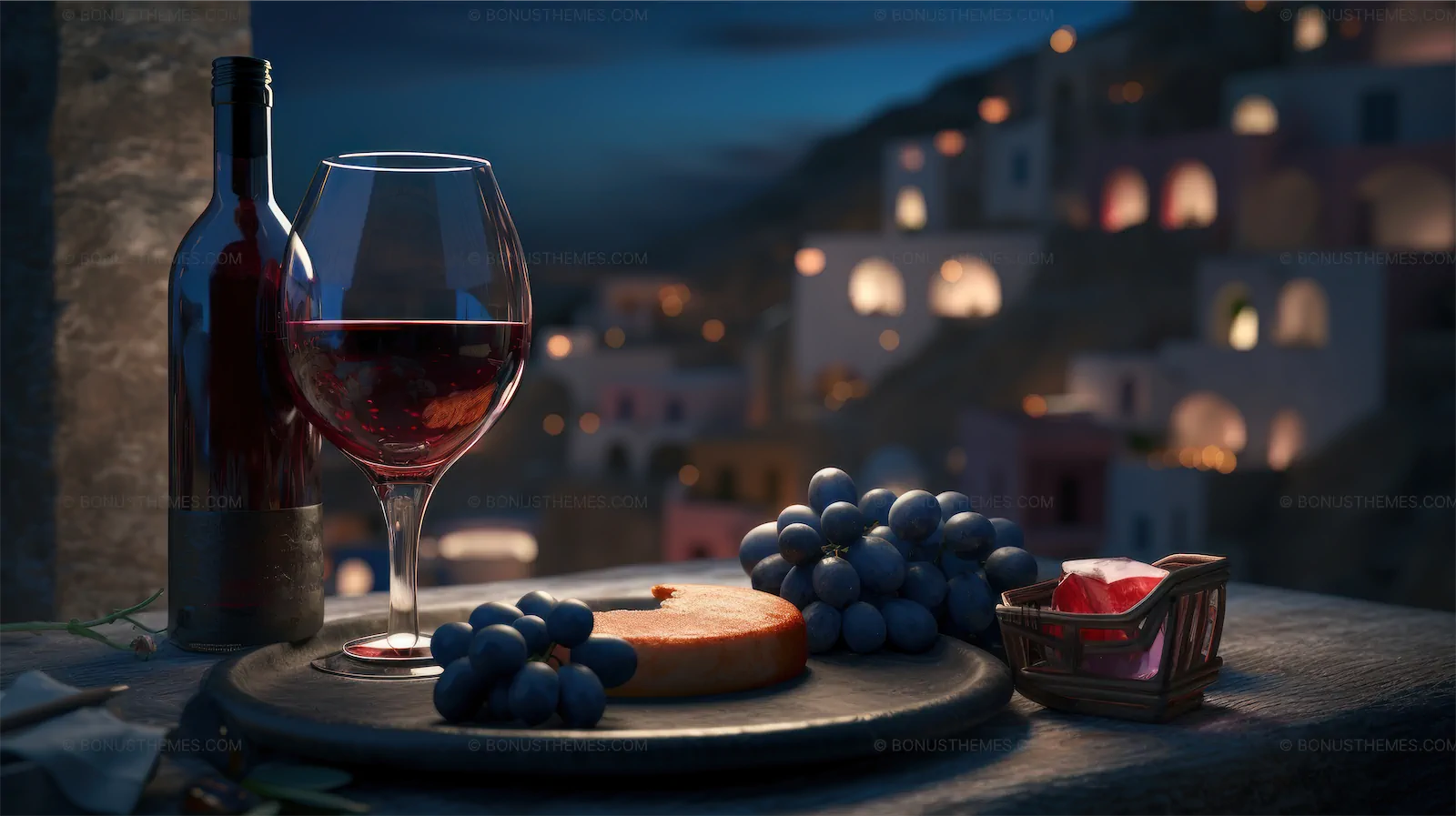 Elegant Wine Bottle and Glass with Romantic Sunset View | Atmospheric AI Generated Scenic Illustration