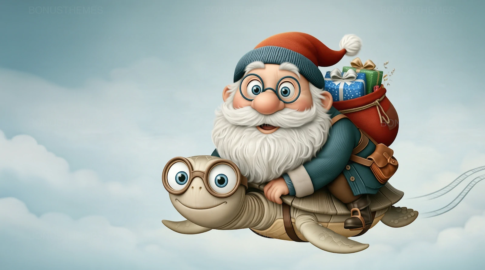 Santa Claus Riding Flying Sea Turtle with Gifts | Premium 3D Holiday Photo