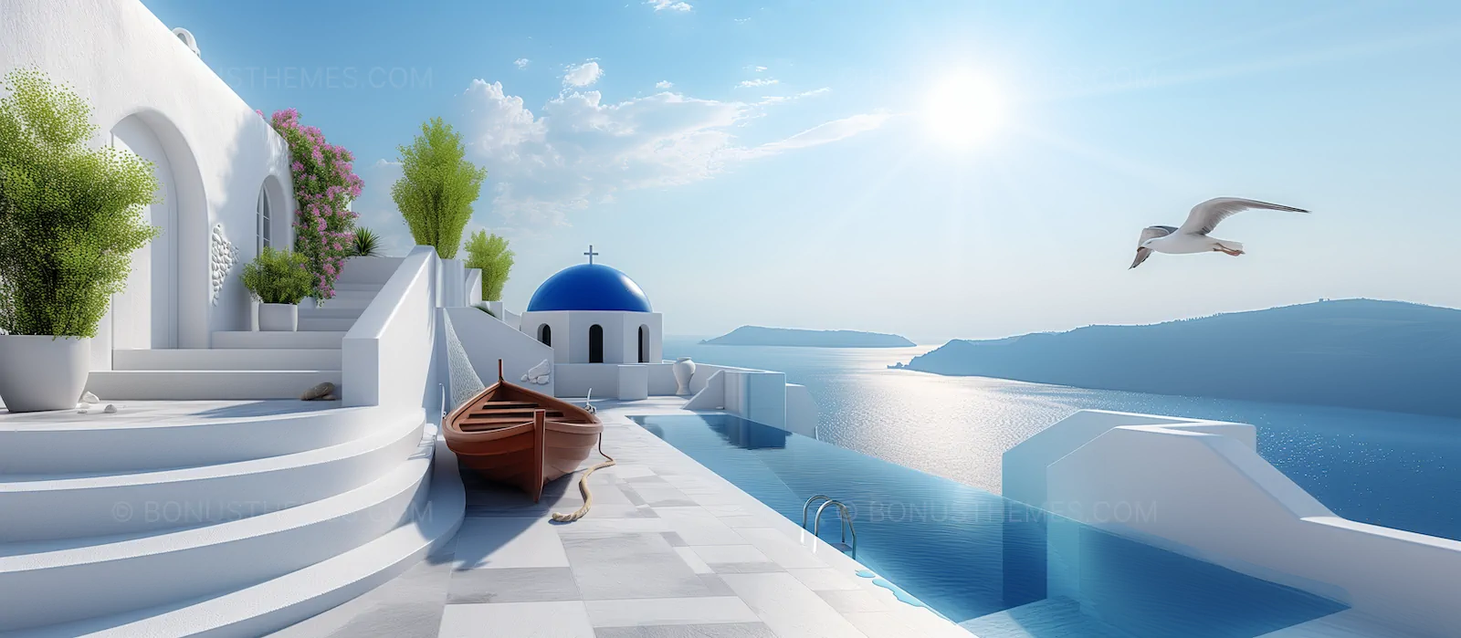 Santorini Serenity - Seagull Soaring Over Luxury Poolside AI Generated Image