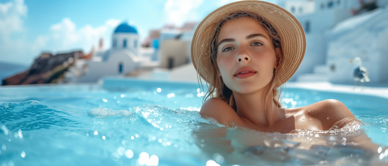 Santorini Serenity | Elegant Woman Swimming Poolside with Caldera View AI Generated Image