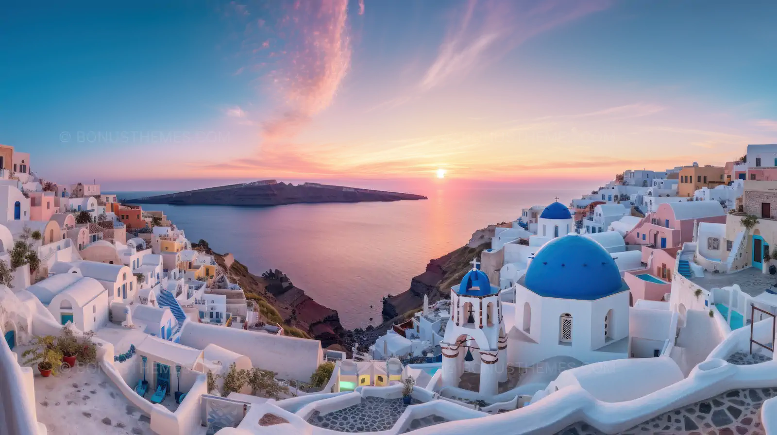 Stunning Santorini Sunset with Blue and White Town, Church, and Sea - AI Generated Landscape Image