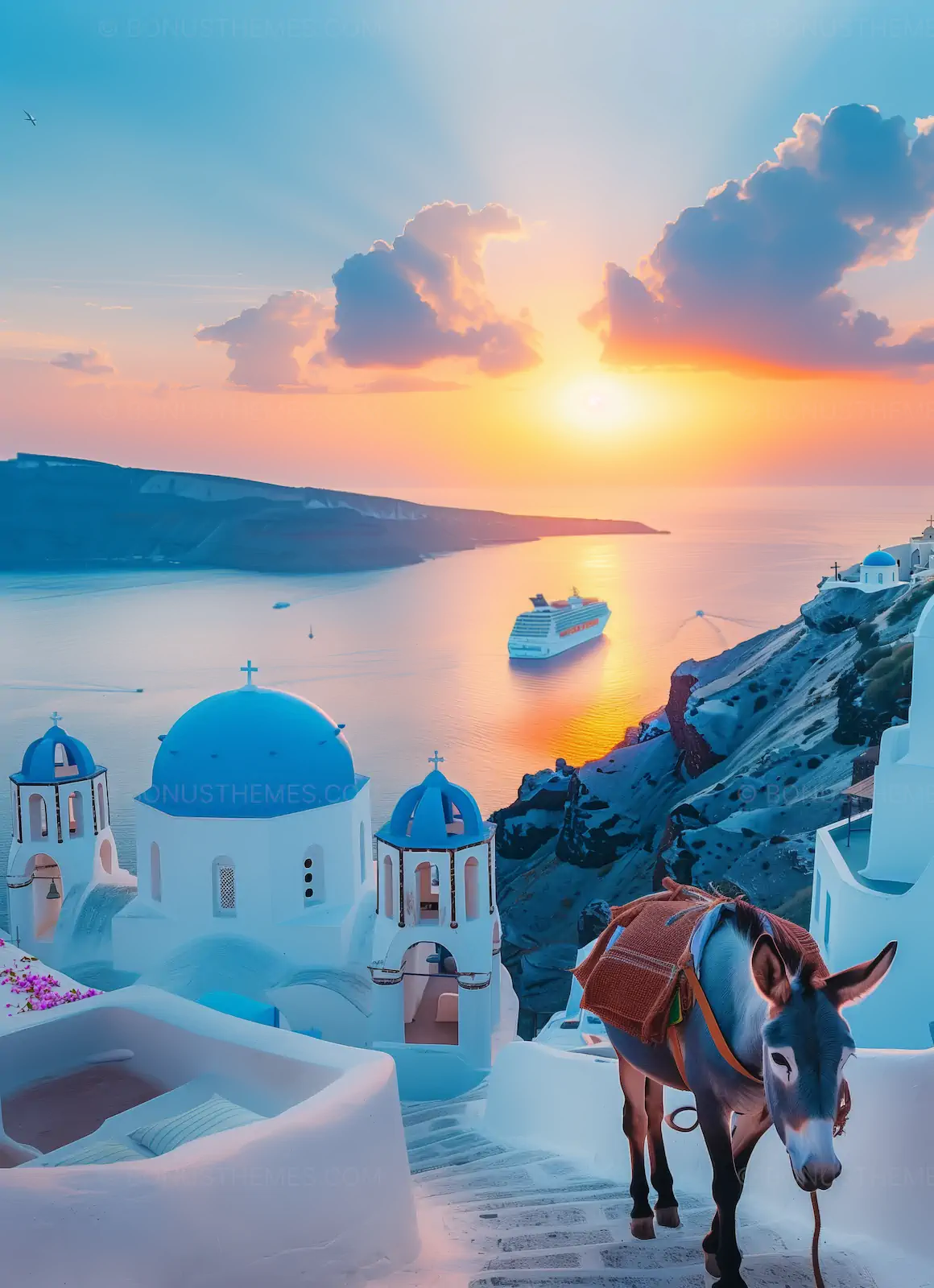 Santorini Sunset Serenity | Donkey Strolling Traditional Greek Path AI Generated Image