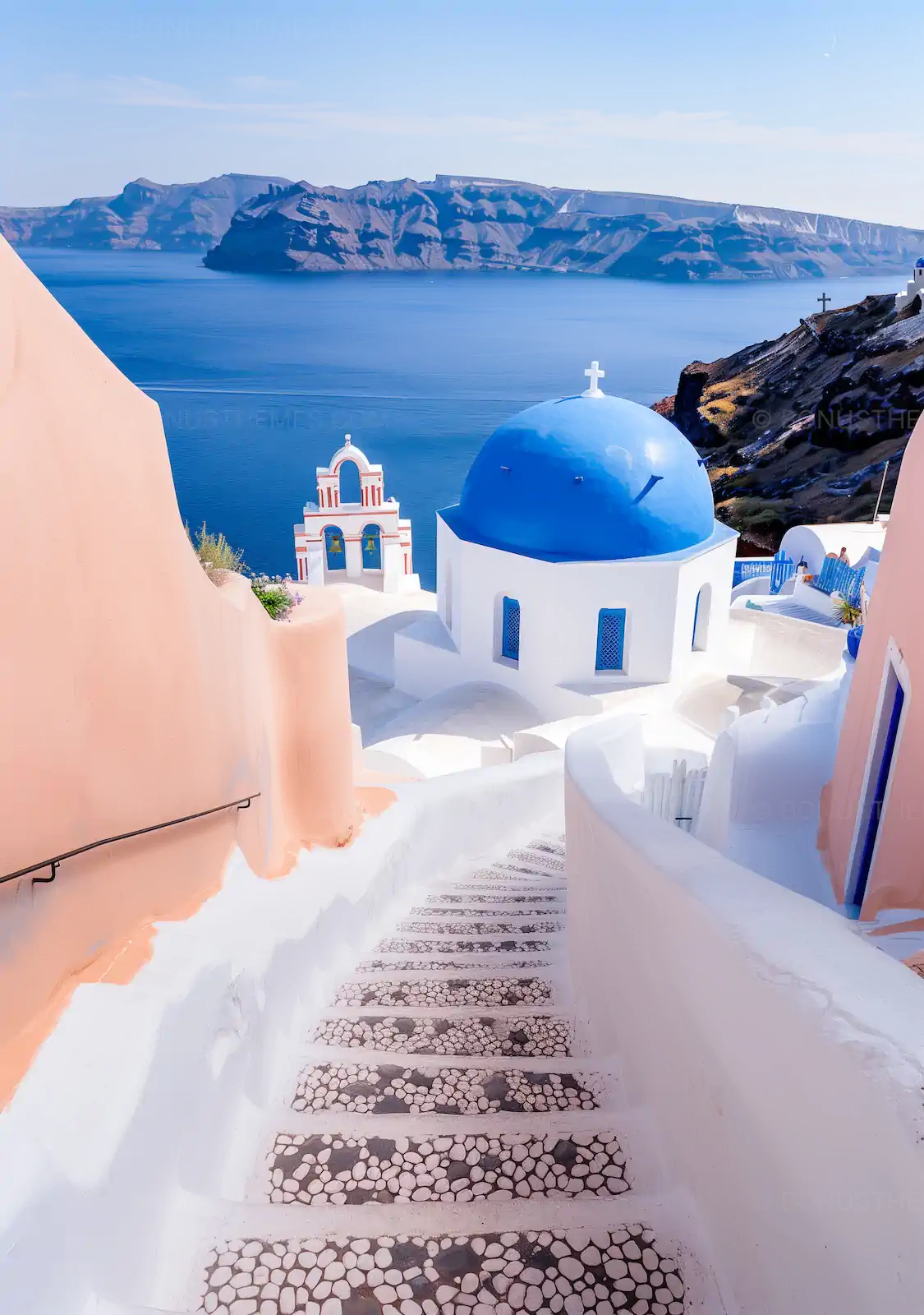 Santorini's Iconic Blue Dome Church and Caldera View | Stunning AI Generated Greek Island Scenery