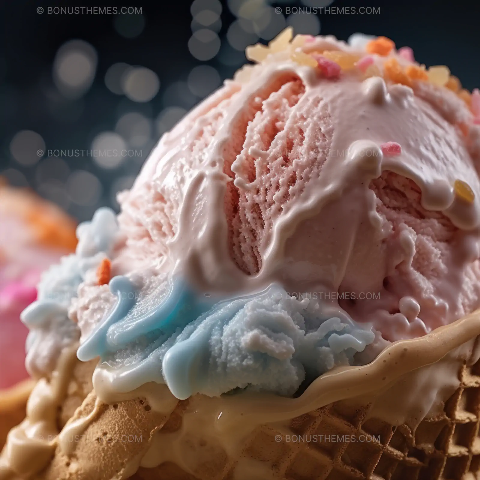 Scoop of Blue and Pink Swirled Ice Cream in Waffle Cone | Vibrant AI Generated Summer Treat