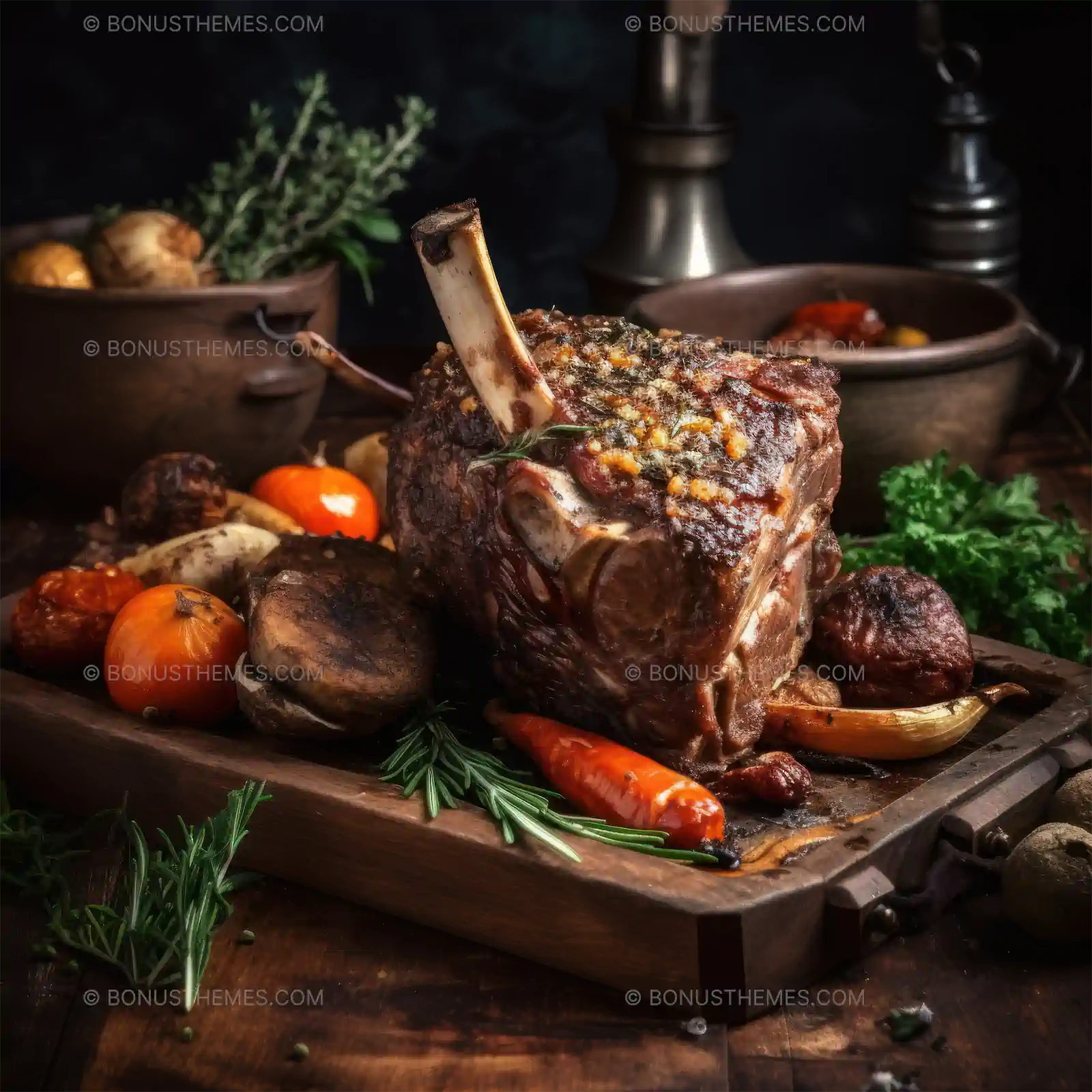 Large Roast with Vegetables on Wooden Cutting Board | Savory AI Generated Culinary Image
