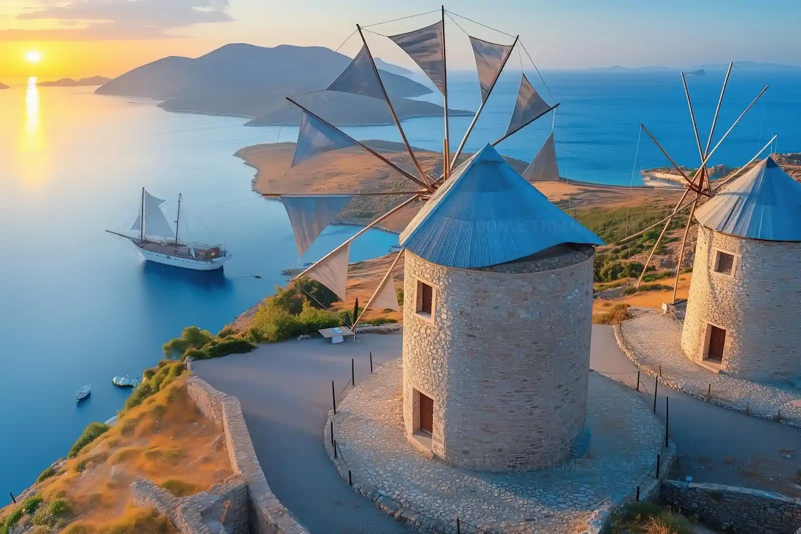 Serene Seascape with Windmills and Boat | Peaceful Coastal AI Illustration