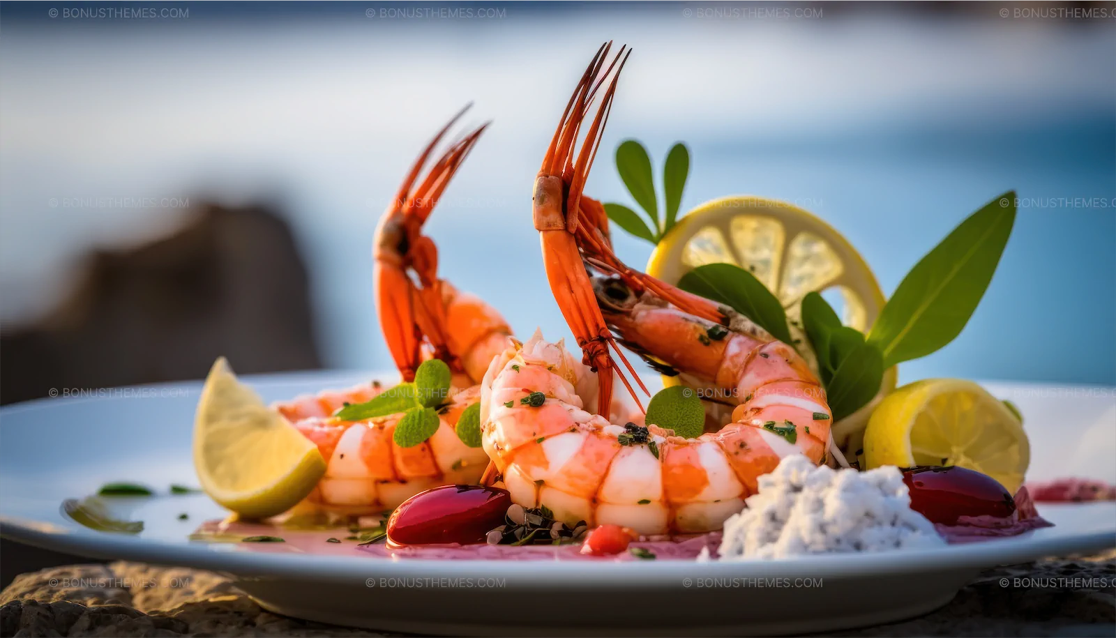 Shrimp Standing with Lemon Slices and Parsley Garnish | Artistic AI Generated Seafood Image