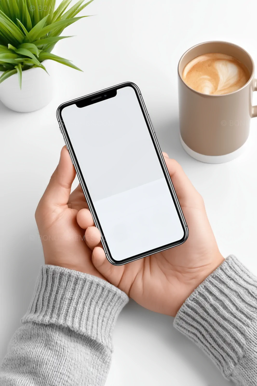 Smartphone Screen Mockup Held by Hands with Coffee and Plant | AI Image