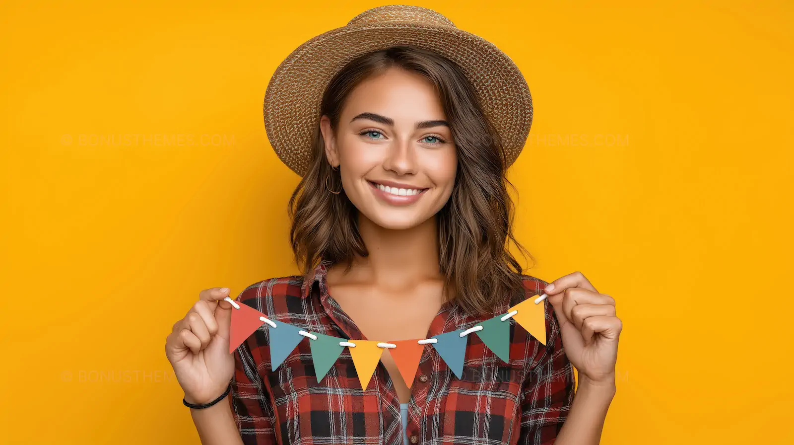 Smiling Woman in Straw Hat Holding Party Bunting | AI Celebration Image
