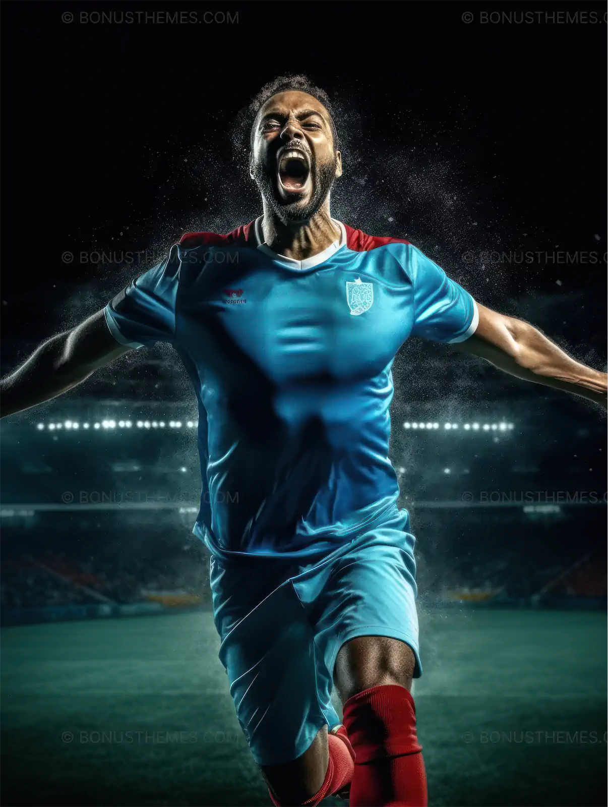 Soccer Player in Blue Jersey Passionately Celebrating Goal - AI Generated Sports Image