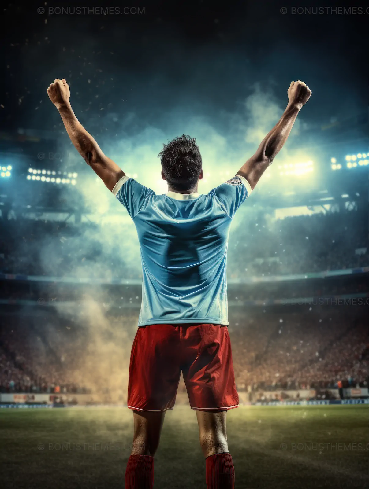 Soccer Player Celebrating on Field with Arms Raised - High-Quality AI Generated Image