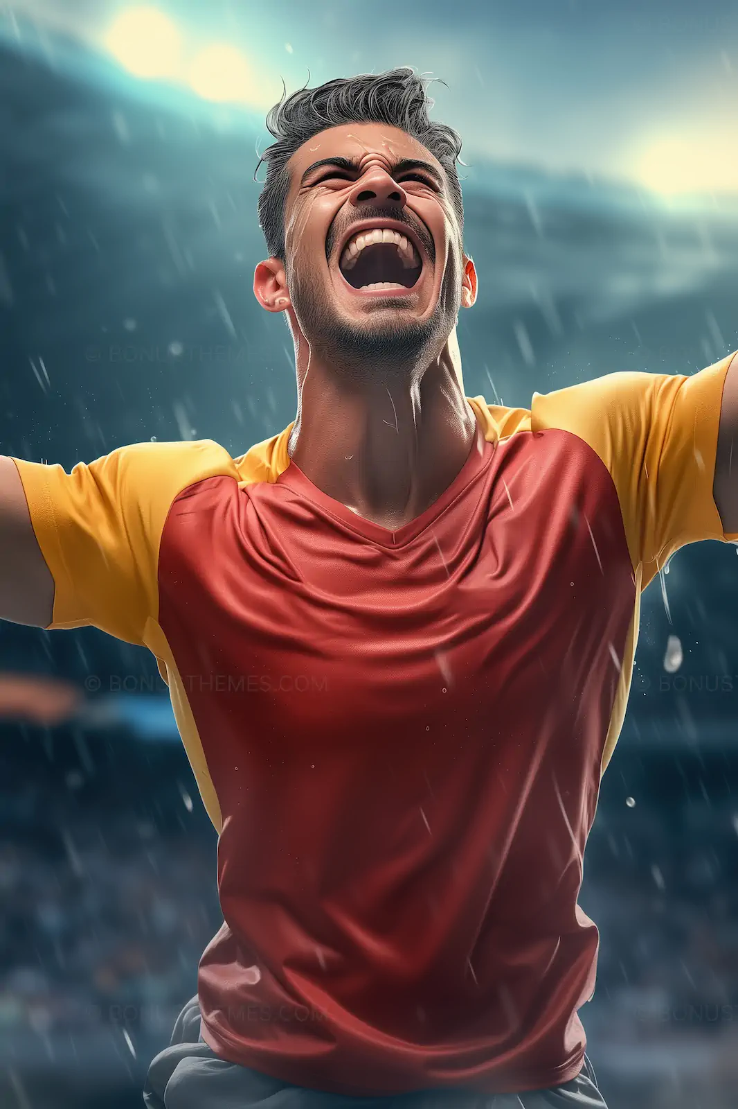 Soccer Player Celebrating Victory in the Rain - Emotional Sports Art | AI Image