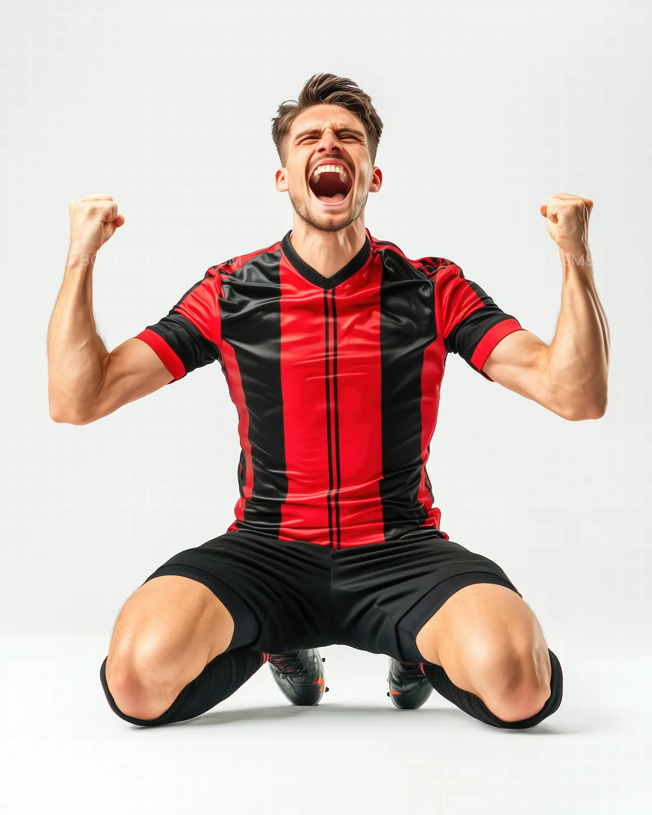 Soccer Player Kneeling in Victory Celebration | AI Sports Action Photography