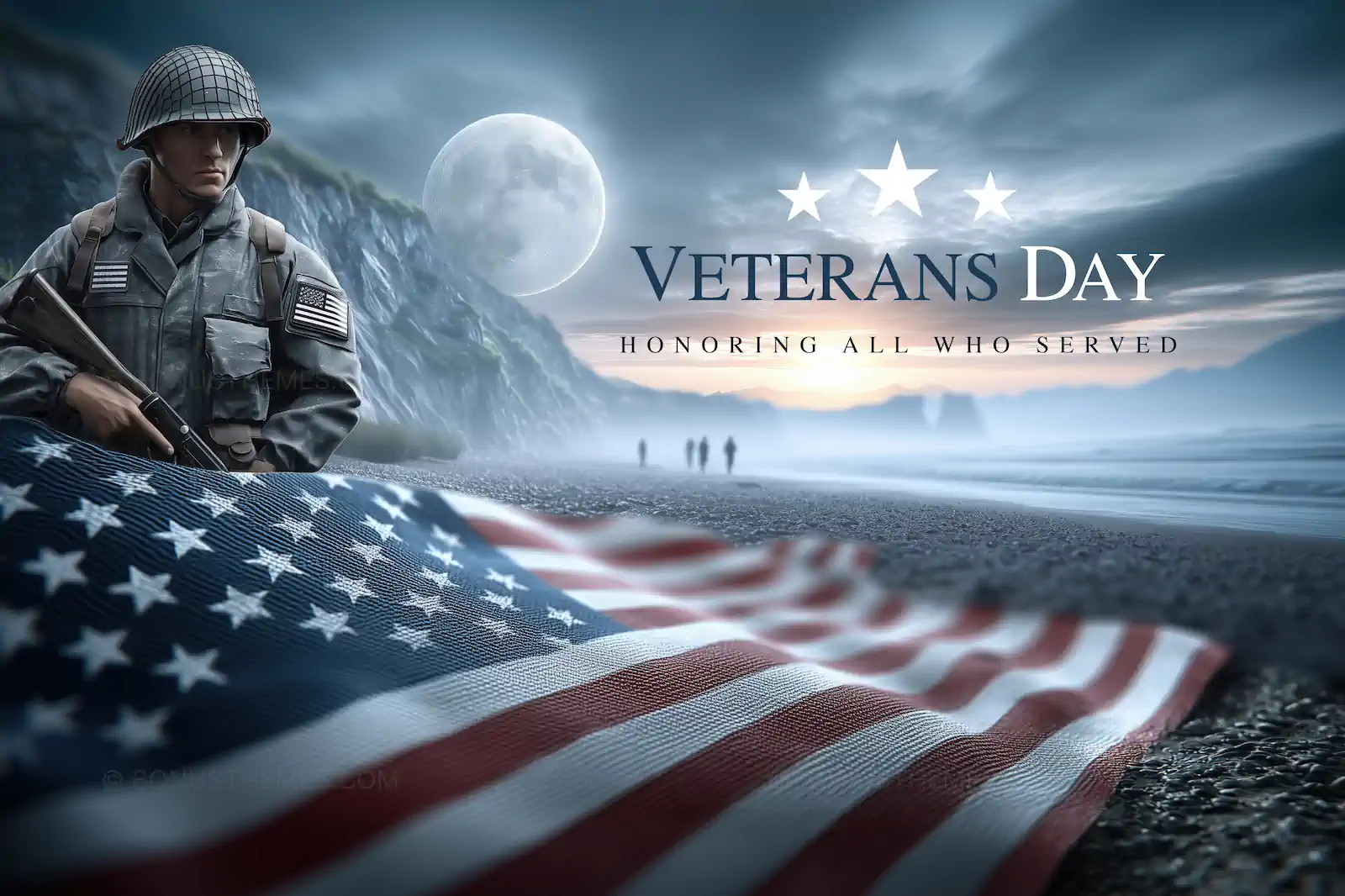 Soldier Behind American Flag on Veterans Day | Patriotic AI Image