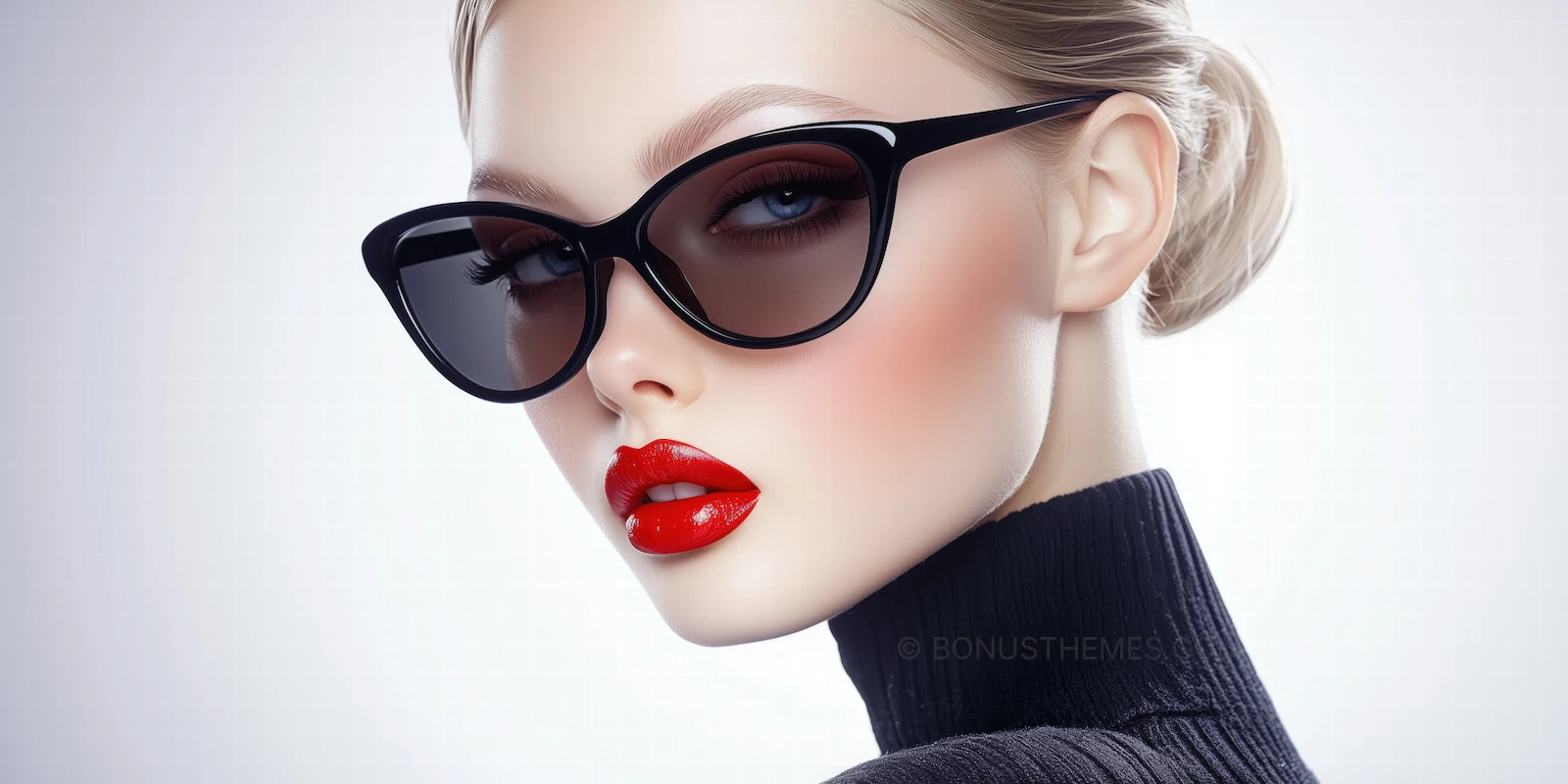 Sophisticated Cat-Eye Elegance | Black Sunglasses and Red Lips AI Generated Beauty Portrait